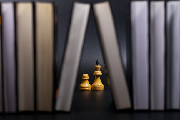 在黑暗的背景下，棋子夹在书中。图片下载