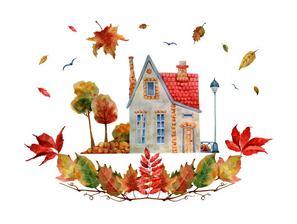 秋天的背景。水彩可爱的街道，房子，树木和树叶的插图。图片下载