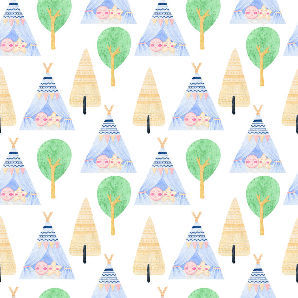 水彩圆锥形无缝图案。棚屋美国土著夏季帐篷插图。波西米亚风格的图案与民族的帐篷或棚屋，时尚的手绘插图。美洲土著的装饰背景。图片下载