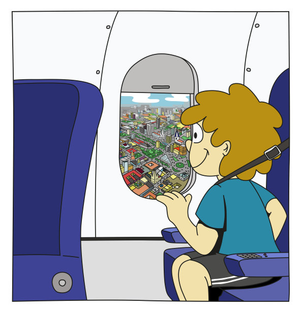 男孩从飞机的窗口看一个城市的鸟瞰图。图片下载