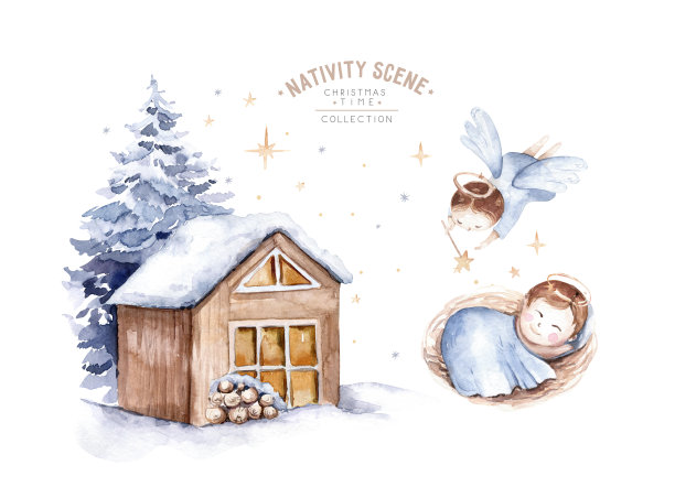 水彩圣诞基督诞生场景。关于新生耶稣、玛丽、天使和羔羊的基督教故事。圣乐圣诞卡片图片下载