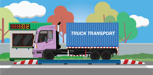 集装箱汽车在称重秤上。旁边有一个控制站大楼。图片下载