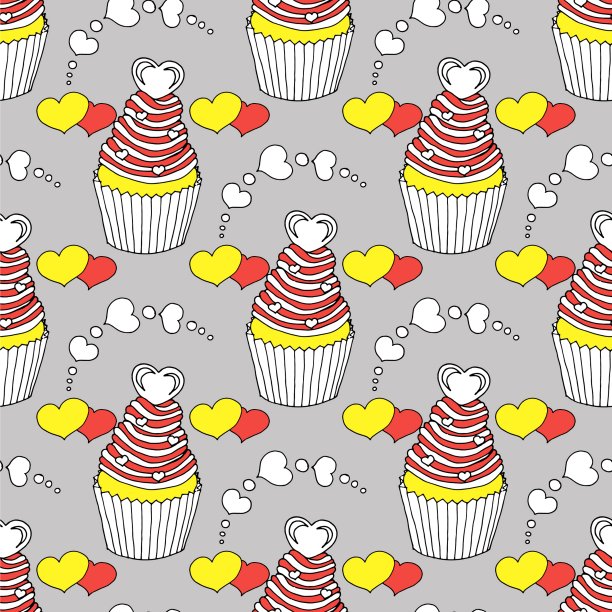 矢量图形将各种糖果和甜点装饰成无缝图案。情人节的心形图案和纸杯蛋糕。美丽的抽象图案与情人节无缝图案装饰设计。婚礼标志元素图片下载