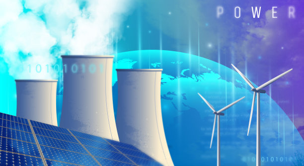 生态能源解决方案。核能源计划。可再生能源。来自可再生能源太阳和风能的清洁电力。图片下载