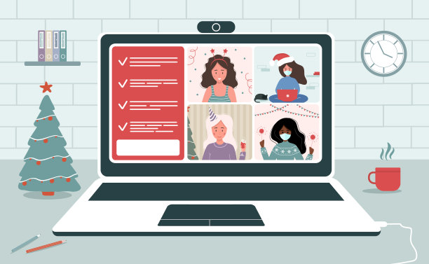 网上圣诞聚会。女性通过视频聊天庆祝新年。图片下载