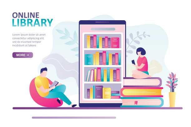 屏幕上有各种书籍的智能手机。互联网技术，在线图书馆或书店登陆页面。有智能设备的人图片下载
