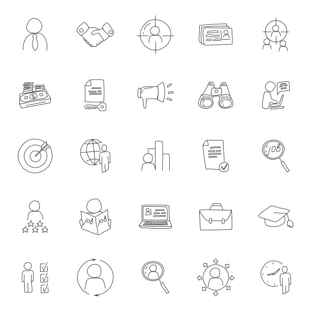 求职手绘线性涂鸦孤立的白色背景。工作搜索图标设置为web和UI设计，移动应用程序和打印产品图片下载