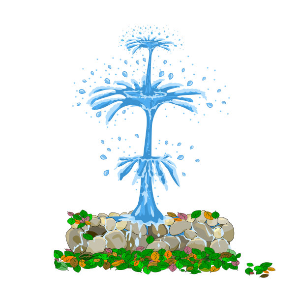 喷泉孤立在白色背景上。复古卡通源与纯净的水流，石头和彩色树叶。图片下载