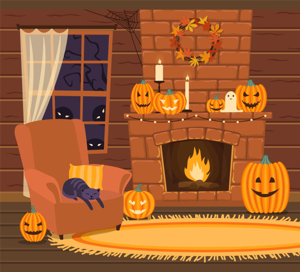 小屋的内部为庆祝万圣节而装饰。窗户、壁炉和椅子。图片下载