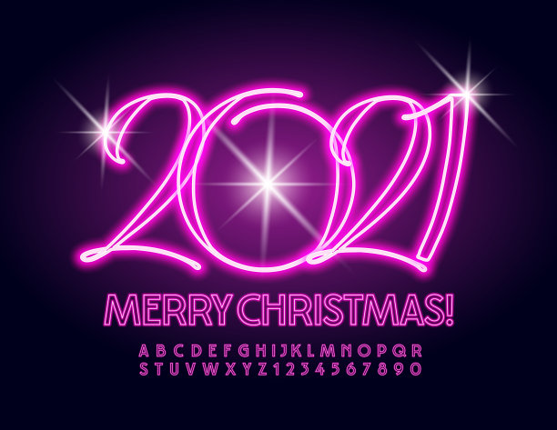 矢量优雅贺卡圣诞快乐2021!粉色霓虹字母和数字集图片下载