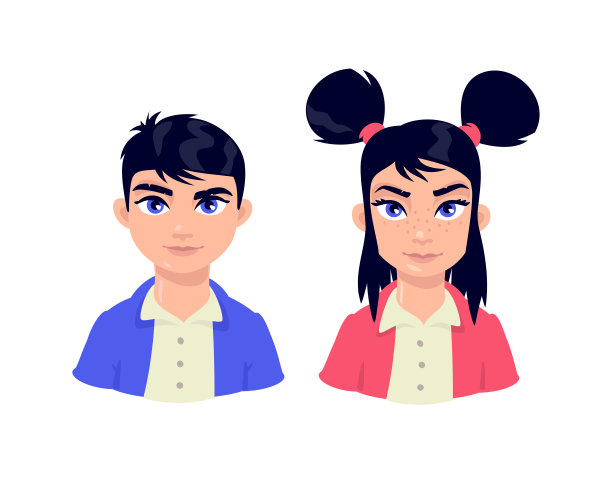 一个女孩和一个男孩的插画。向量。有两个小孩。广告和设计两个字。大眼睛的生动形象。概要化身。图片下载