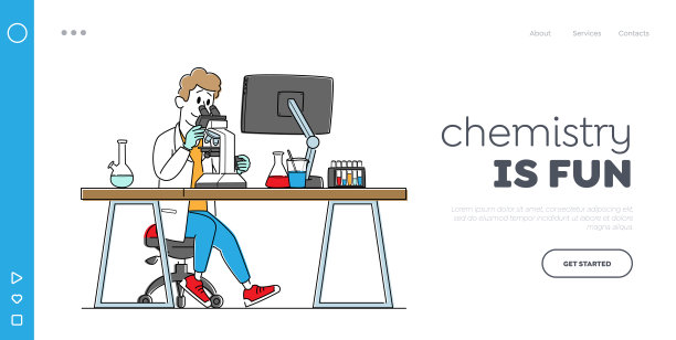制药或化学实验室研究，实验登陆页模板。男性科学家角色在实验室工作素材图片
