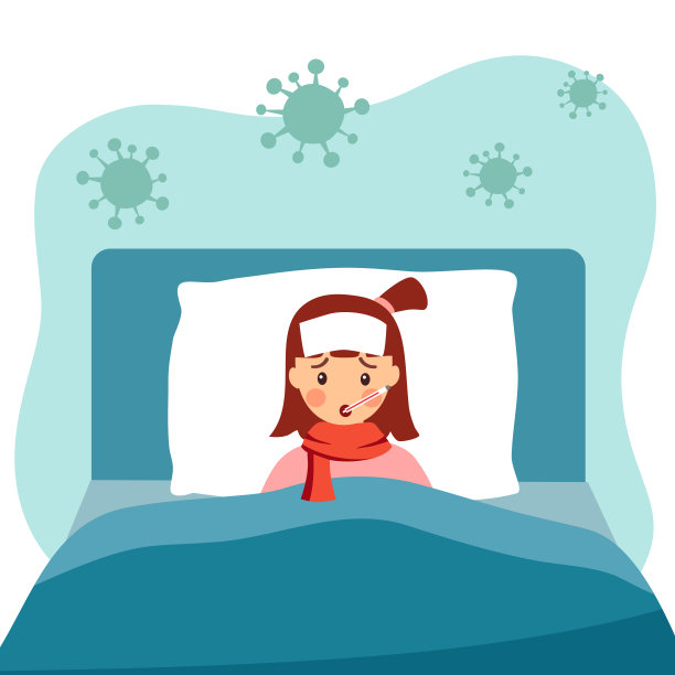 一个患流感的女孩在床上盖着毯子。伤心的孩子发烧了，要在嘴里拿体温计。流感或感冒过敏症状卡通。流感的治疗。COVID-19冠状病毒感染。图片下载