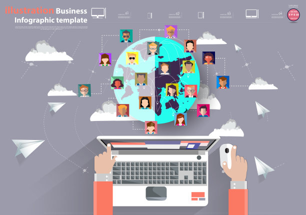 手业务，联系通信，网络技术，云，纸火箭折叠，地球，图标-插图现代商业信息图模板的想法和概念设计。图片下载