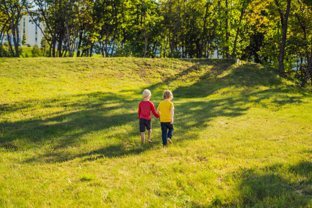 两个男孩在公园的草地上跑步图片下载