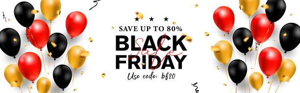 非常吸引人，彩色和豪华的黑色星期五促销横幅节省高达80%的折扣(可以替换任何价值)与一组金色，红色和黑色的气球，五彩纸屑，景观横幅等。图片下载