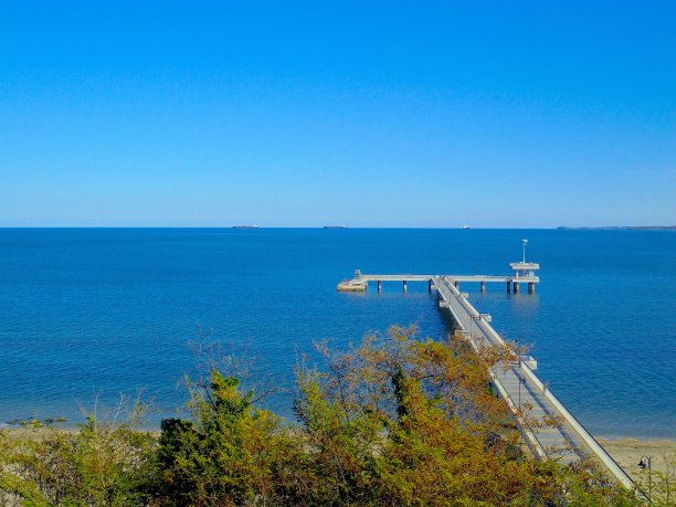 蔚蓝的天空，翠绿的蓝色，透明的海滩，大码头和秋天金色的叶子图片下载