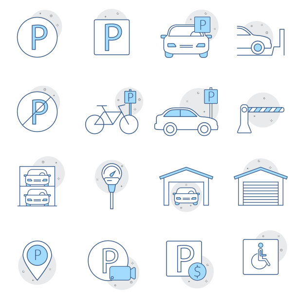 停车图标。车库和停车线矢量符号。汽车服务园区、区域停车位说明。网页设计，移动应用。素材图片