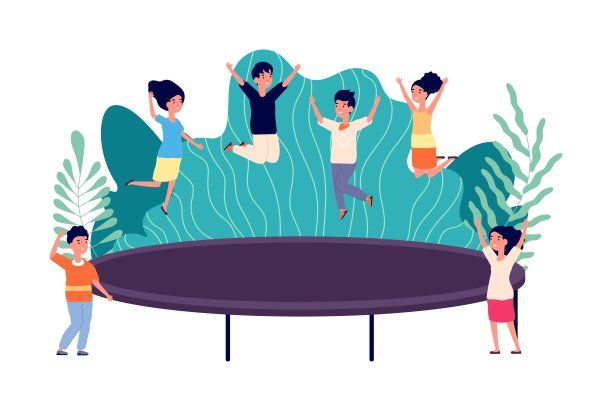 孩子们跳蹦床。孩子们在后院蹦蹦跳跳，活跃着体操。健康学前班，男生女生做户外运动图片下载