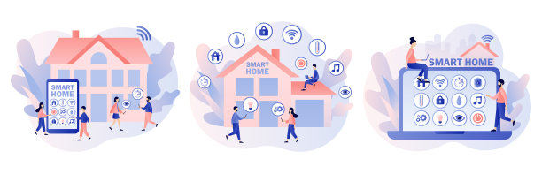 智能家居。小人物可以通过智能手机应用程序或笔记本电脑控制照明、供暖、通风和空调、安全和视频监控。现代平面卡通风格。矢量图图片下载