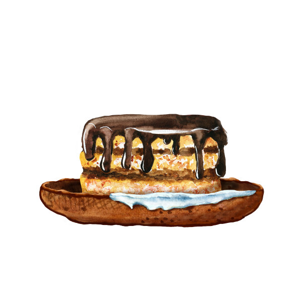 陶瓷盘子上的巧克力蛋糕。手绘水彩剪贴画孤立的白色背景。设计菜单，咖啡馆，餐厅，标签，烹饪图片下载