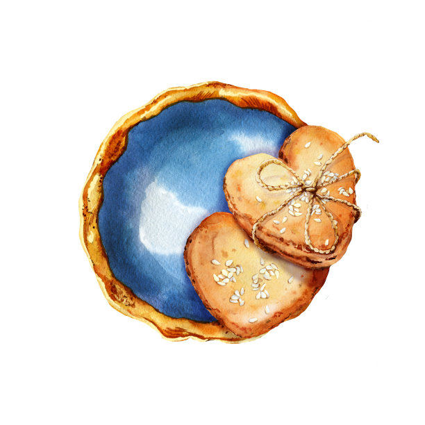 瓷盘上撒着芝麻的心型饼干。手绘水彩剪贴画孤立的白色背景。设计菜单，咖啡馆，餐厅，标签，烹饪图片下载