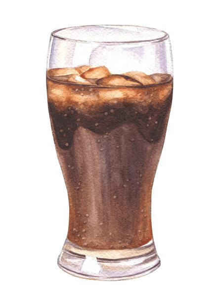 手绘水彩可乐汽水饮料与冰，手绘食物插图，孤立在白色背景。图片下载