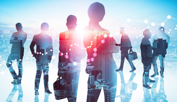 以城市为背景，塑造了众多商业人士聚在一起的抽象形象图片下载