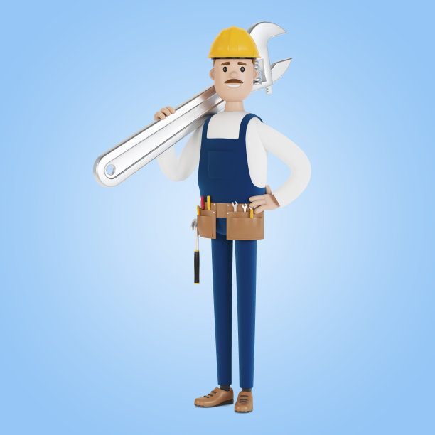 工匠用一个大扳手。3D插图卡通风格。图片下载