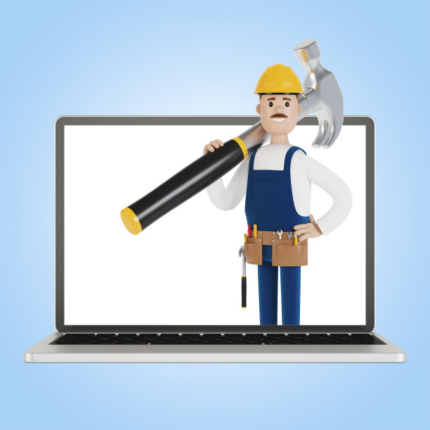 杂工用一把大锤敲着笔记本电脑的屏幕。一个小时的丈夫。电工、水管工、木匠叫工头来工作。3D插图卡通风格。图片下载