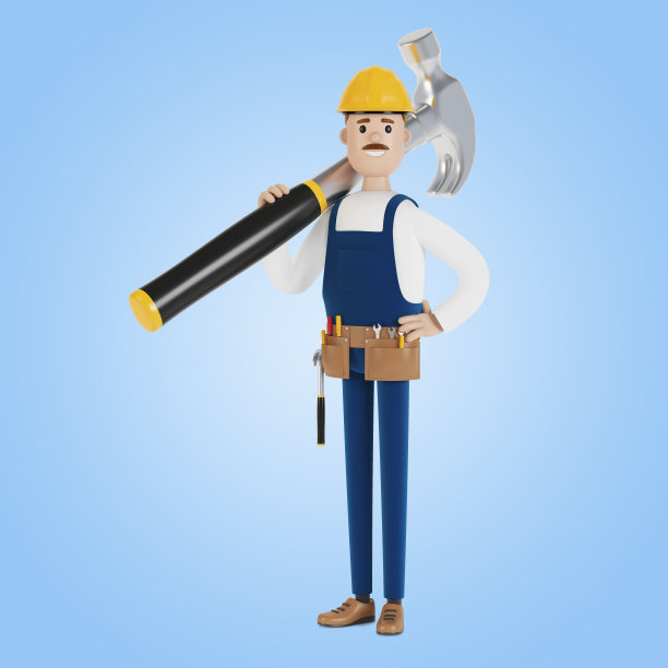 一个戴着安全帽，拿着一把大锤子的建筑工。建筑工人。3D插图卡通风格。图片下载