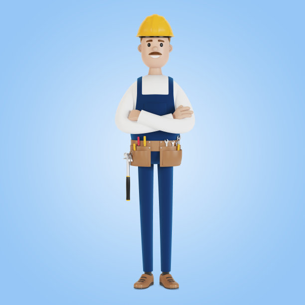 建筑工人戴着头盔，带着工具。建筑工人。3D插图卡通风格。图片下载