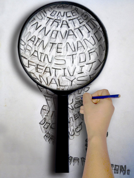 画草图铅笔与字母，图标，数据，用放大镜-插图商业想法和概念。图片下载