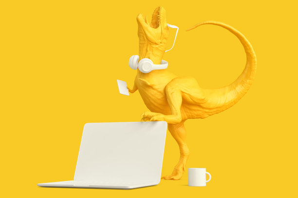 带笔记本电脑和其他配件的霸王龙。技术的概念。三维渲染图片下载