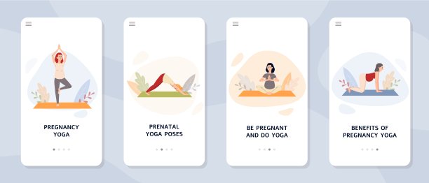 产前瑜伽与孕妇平面矢量插图的登板页。图片下载