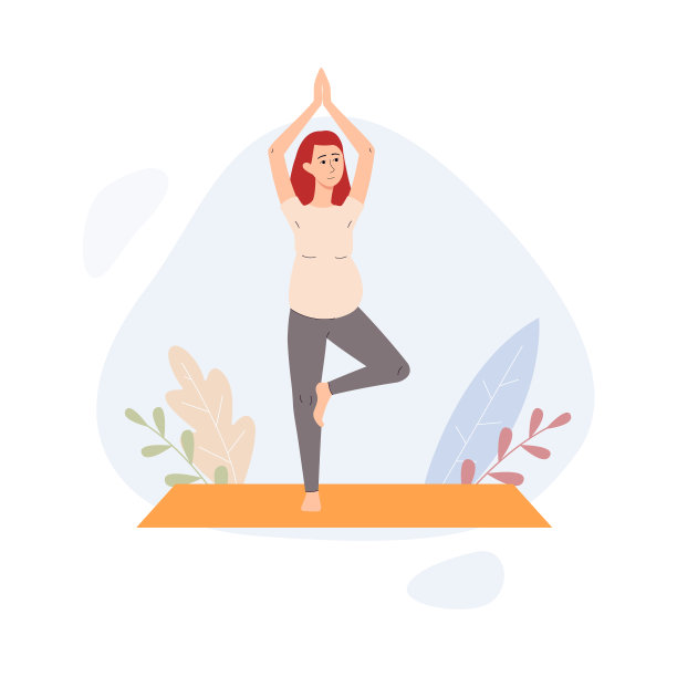 年轻孕妇做孕期瑜伽，平面卡通矢量插画图片下载