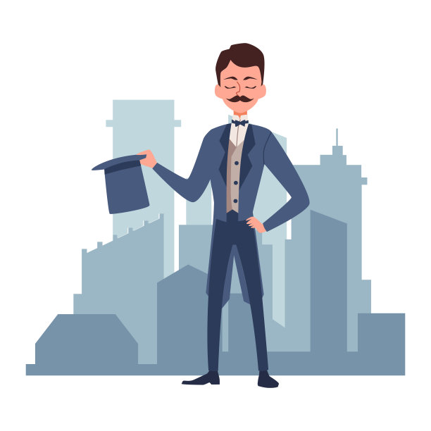维多利亚绅士与天际线的背景，平面卡通矢量插图图片下载