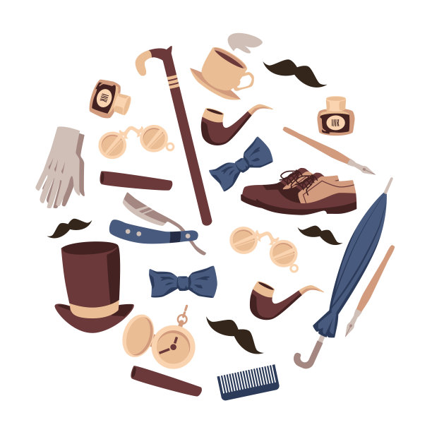 套维多利亚绅士的东西，平面卡通矢量插图孤立图片下载