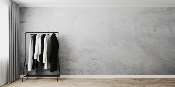 靠近窗户的灰色空墙衣架，灰色窗帘，衣架，3d渲染图片下载