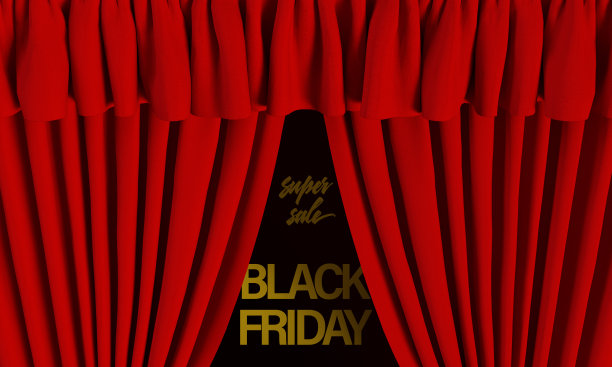 3 d渲染。黑色星期五的典型横幅和红色窗帘图片下载