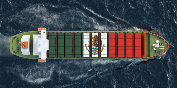 货船与墨西哥货物集装箱在海洋中航行，3D渲染图片下载