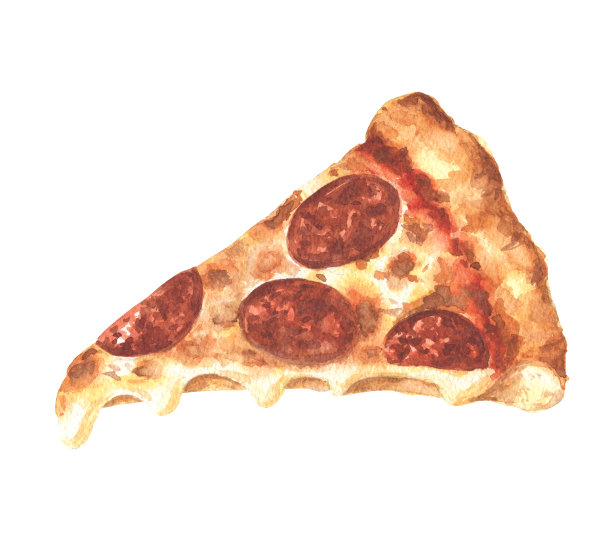 手绘水彩快餐披萨切片插图，孤立在白色背景。食物的设计。图片下载