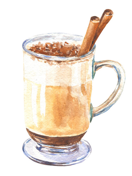 手绘水彩咖啡在一个高脚杯，肉桂，孤立在白色背景。食物美味的插图。图片下载