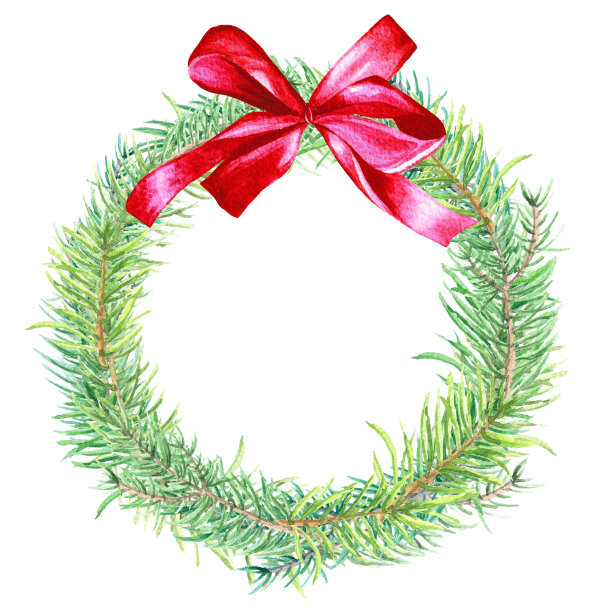 水彩手绘圣诞花环，与红色的弓和冷杉树枝，孤立在白色的背景。冬季节日设计。图片下载