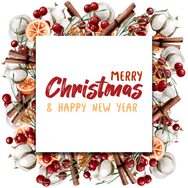 装饰框架与橙子，棉花，浆果和绿树枝，肉桂装饰和装饰。水彩插画与新年元素图片下载