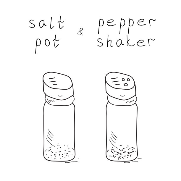 盐罐和胡椒瓶卡通套装。手绘现代经典玻璃餐具矢量素描涂鸦插画图片下载