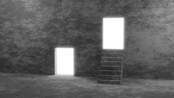 混凝土房间里的两扇发光的门和楼梯图片下载