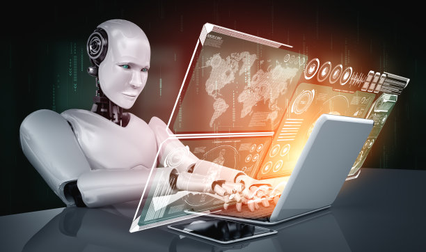 人形机器人使用笔记本电脑，坐在桌边进行大数据分析图片下载