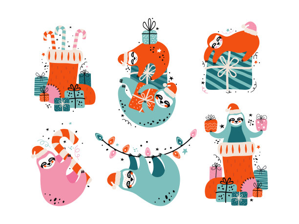 在圣诞老人的帽子里装上可爱的懒惰树懒，里面有很多礼物、糖果和节日元素。圣诞快乐和新年快乐卡片或横幅。卡通人物熊。斯堪的纳维亚风格的插图图片下载