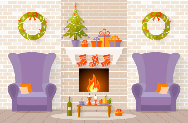 圣诞室内设计的扁平风格。图片下载